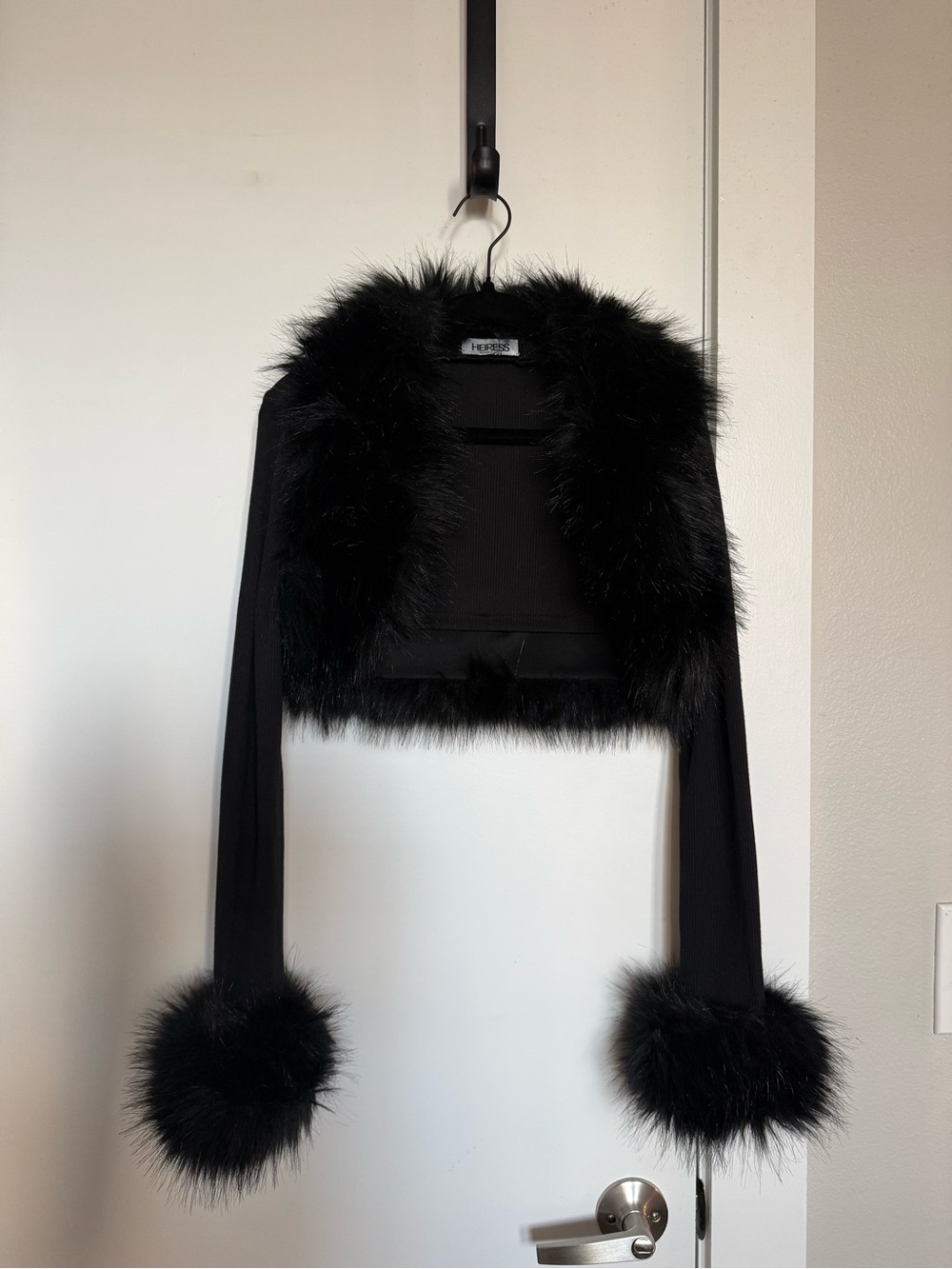Black Faux Fur Trim Cropped Shrug